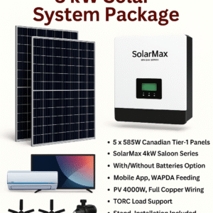 3KW Solar Package: Includes 5x 585W Canadian Tier-1 panels, SolarMax 4KW inverter (with/without batteries), copper wiring, stand, installation, and 2-year warranty. Runs 1.5 ton AC, 4 fans, LCD, water pump & fridge.